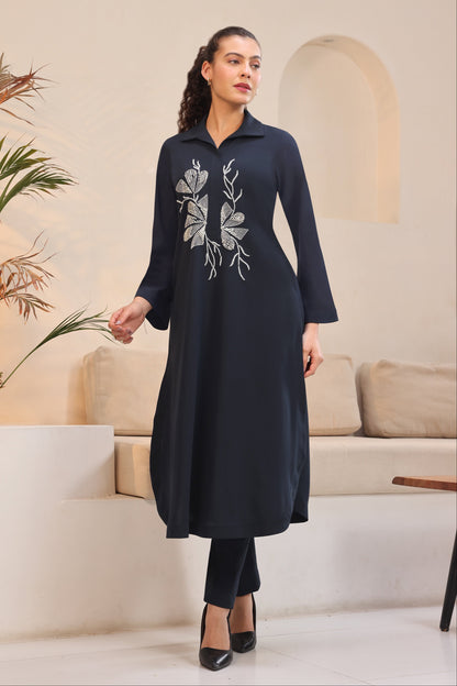 Seed Pearl U-cut Kurta Set - NAVY