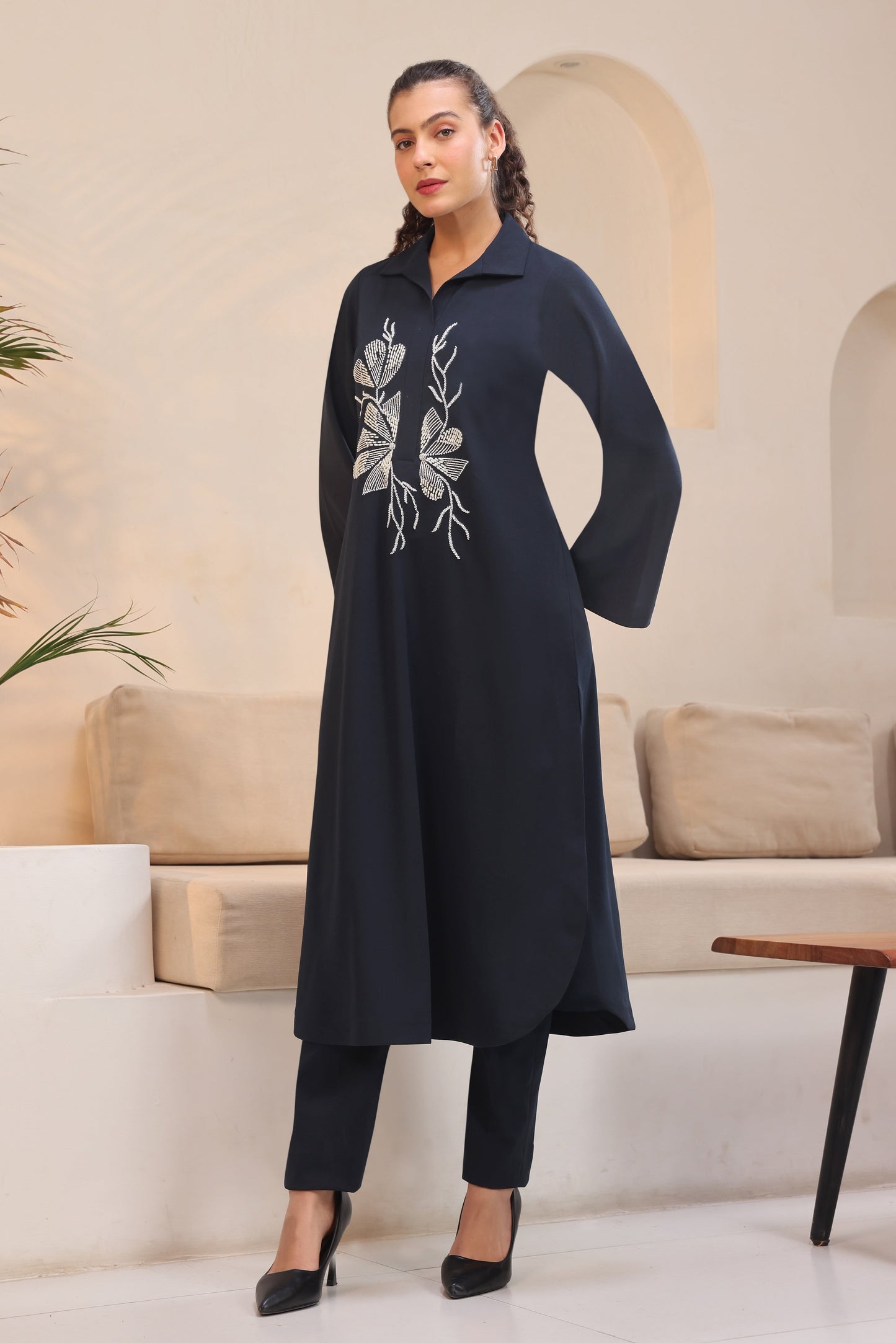 Seed Pearl U-cut Kurta Set - NAVY