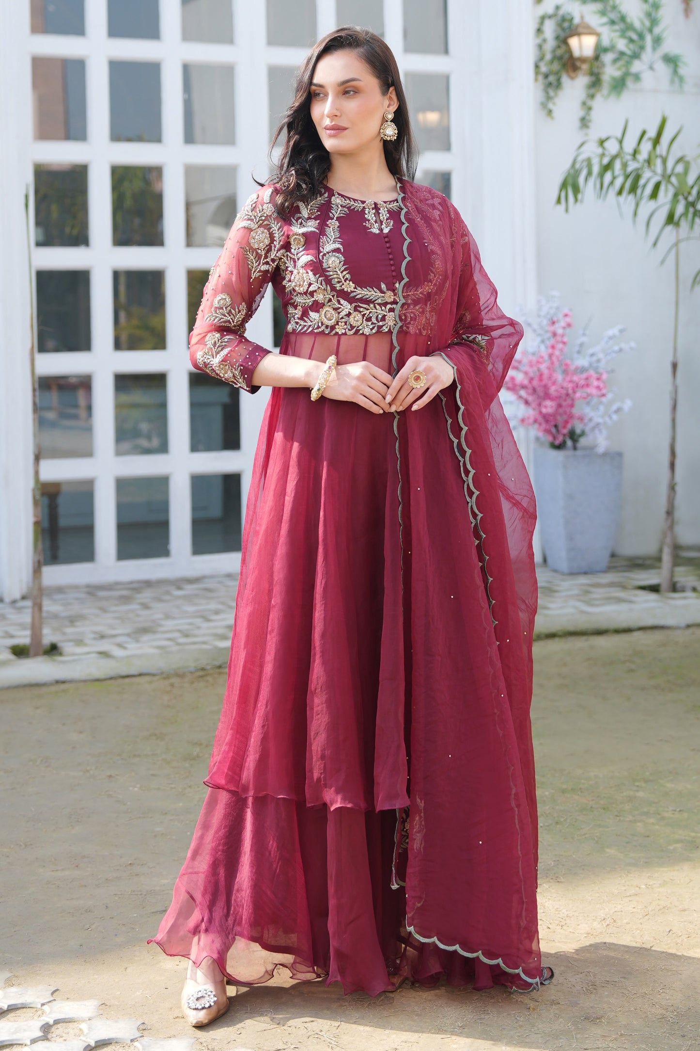 Silk Organza Anarkali With Sharara - MAROON