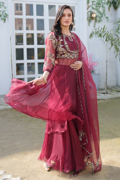 Silk Organza Anarkali With Sharara - MAROON