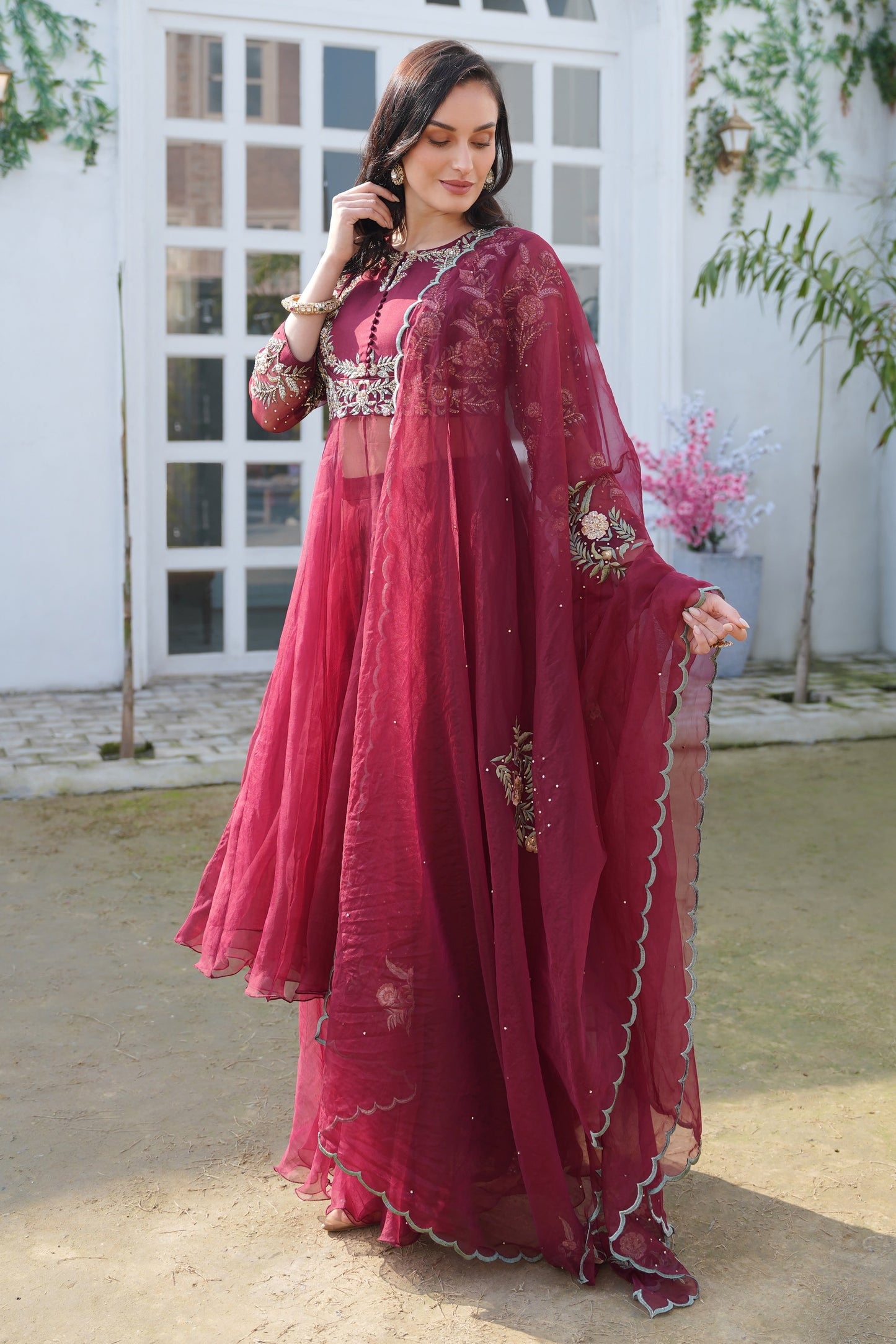 Silk Organza Anarkali With Sharara - MAROON