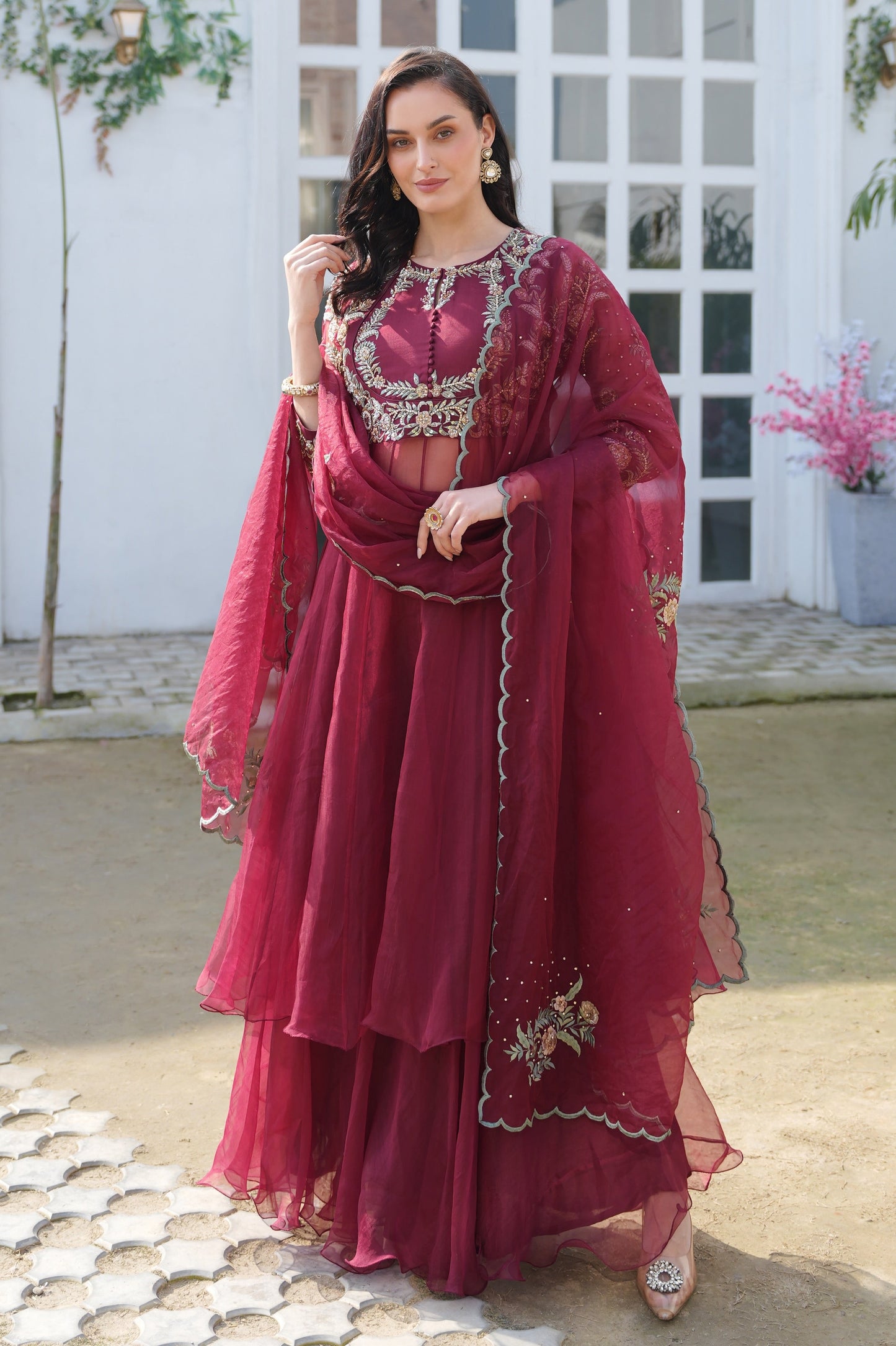 Silk Organza Anarkali With Sharara - MAROON