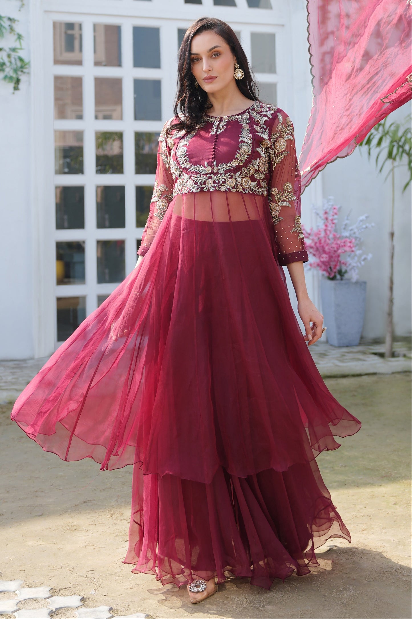Silk Organza Anarkali With Sharara - MAROON