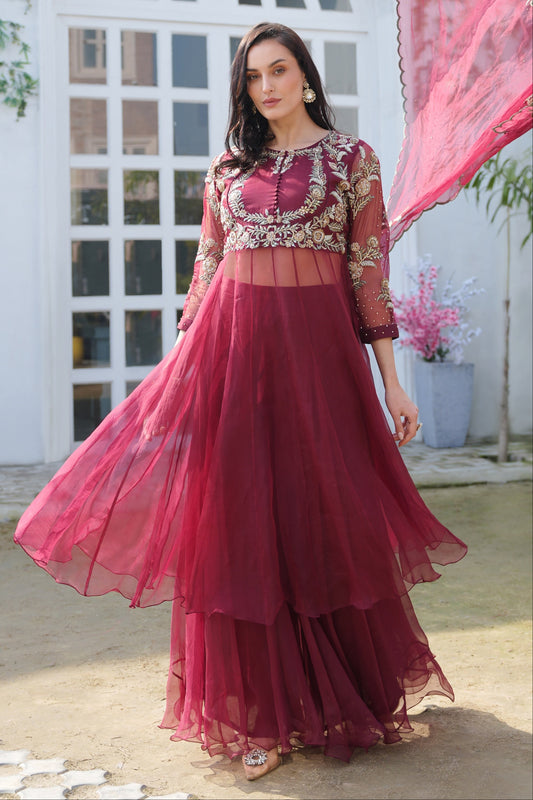 Silk Organza Anarkali With Sharara - MAROON