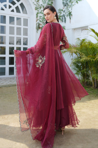 Silk Organza Anarkali With Sharara - MAROON