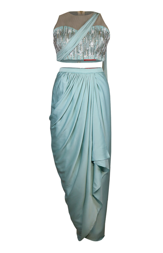 Teal Crop Top With Satin Lungi