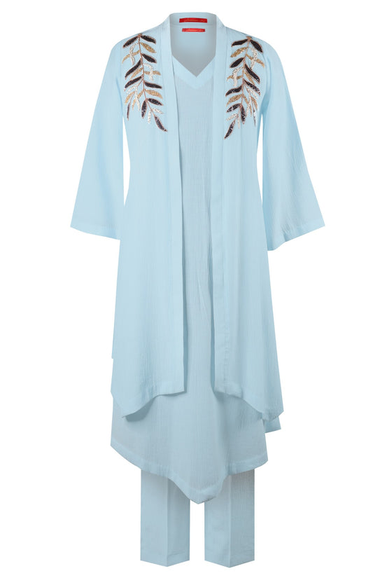 Palm Leaves 3Pc Kurta Set - SKY BLUE