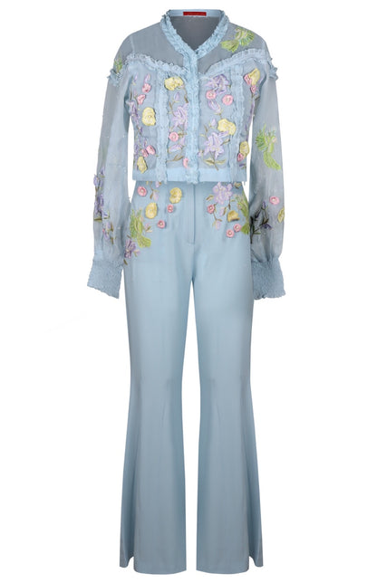 3D Flower Embroidery Co-ord Set - SKY BLUE