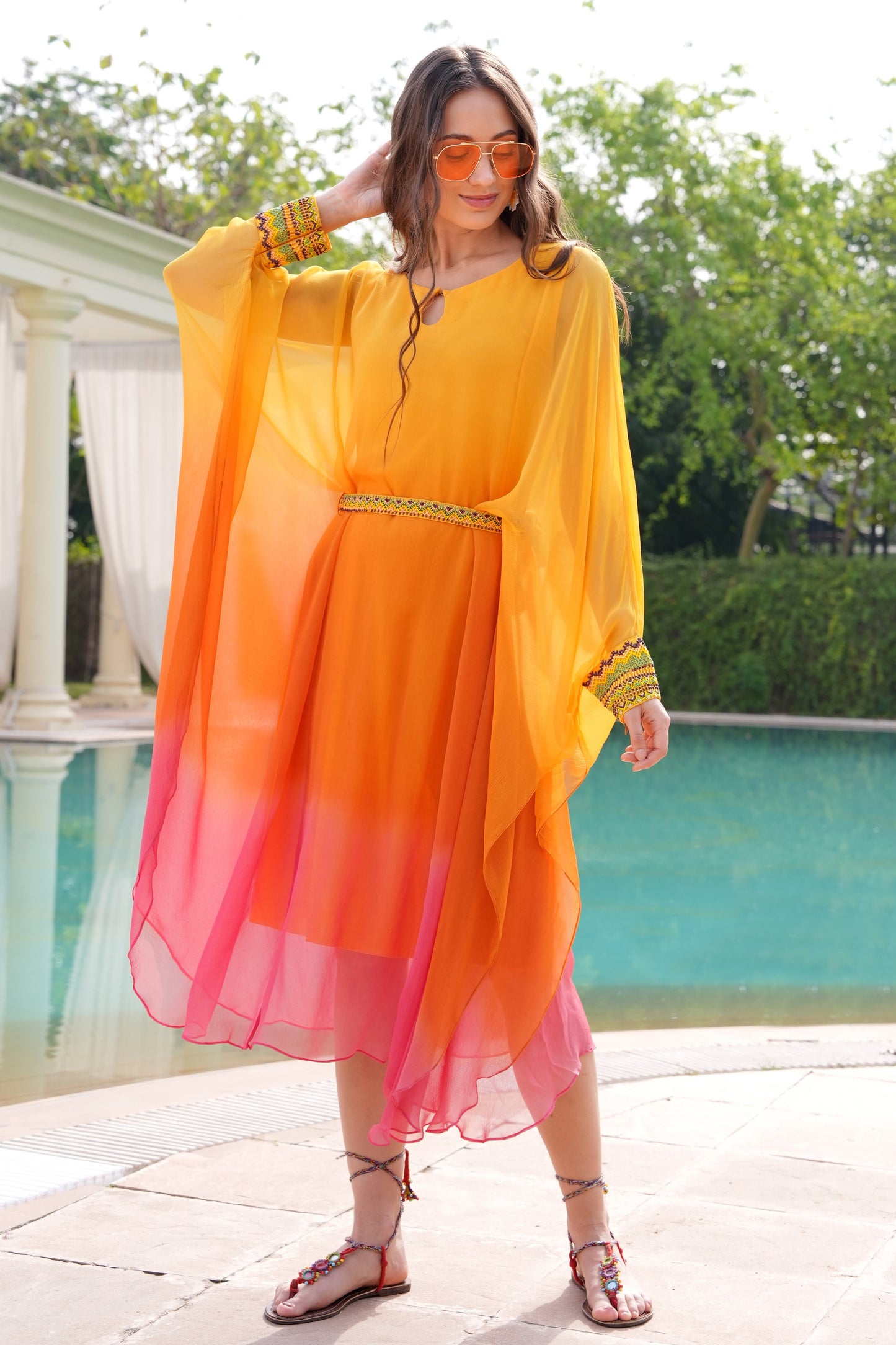 Ombré Chiffon Beaded Kaftan - SUNSET
