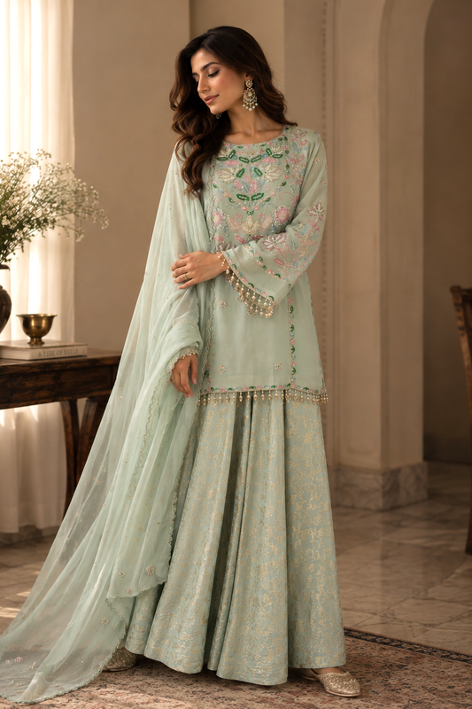 Tissue Brocade Sharara Suit - SAGE GREEN