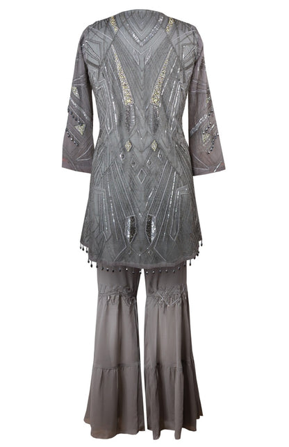 Tulle Embroidered Tunic With Gharara  - GREY