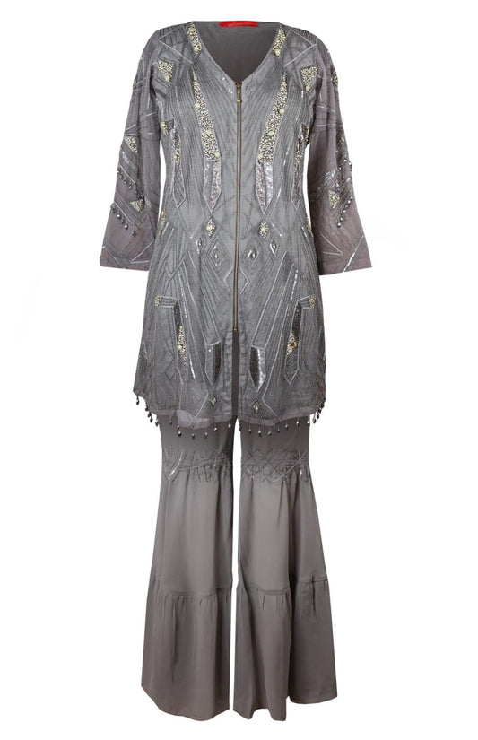 Tulle Embroidered Tunic With Gharara  - GREY