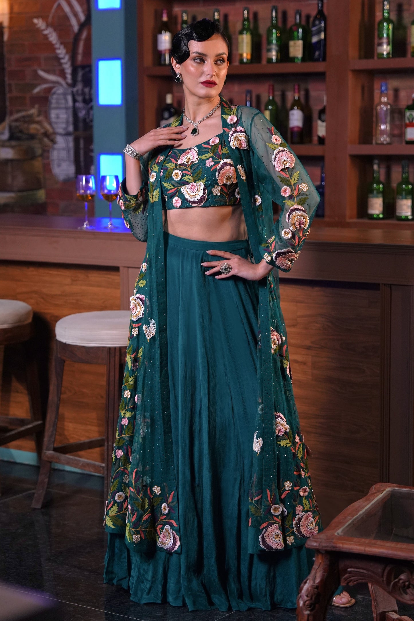 3D Embroidery 3 Piece Set With Long Jacket - TEAL