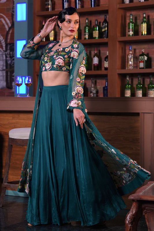 3D Embroidery 3 Piece Set With Long Jacket - TEAL