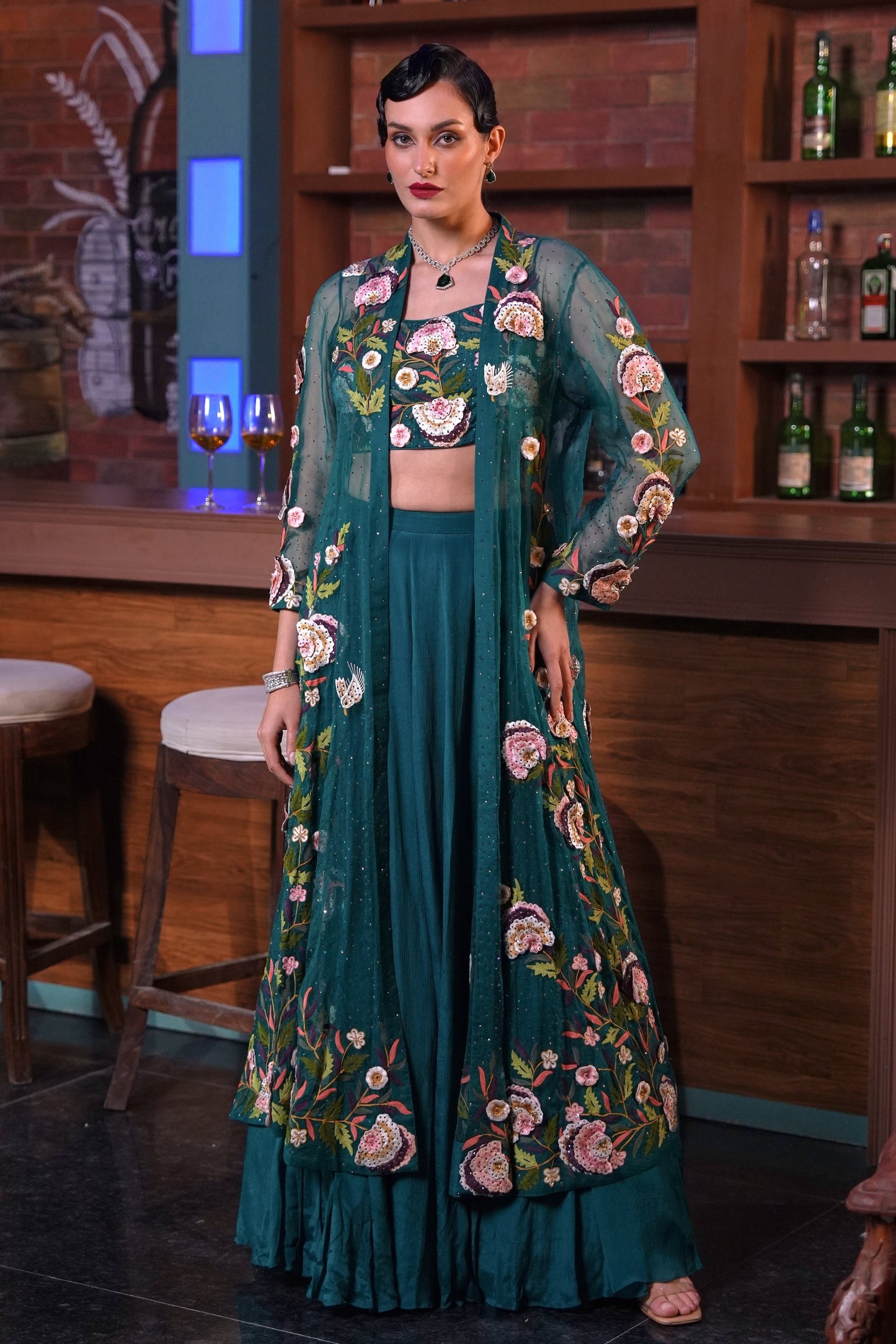 3D Embroidery 3 Piece Set With Long Jacket - TEAL