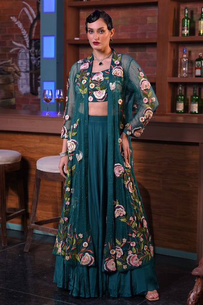3D Embroidery 3 Piece Set With Long Jacket - TEAL