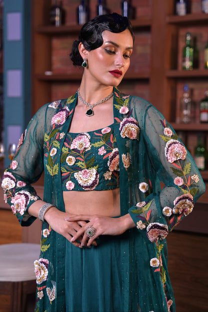 3D Embroidery 3 Piece Set With Long Jacket - TEAL