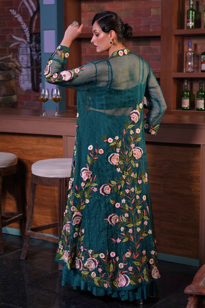 3D Embroidery 3 Piece Set With Long Jacket - TEAL