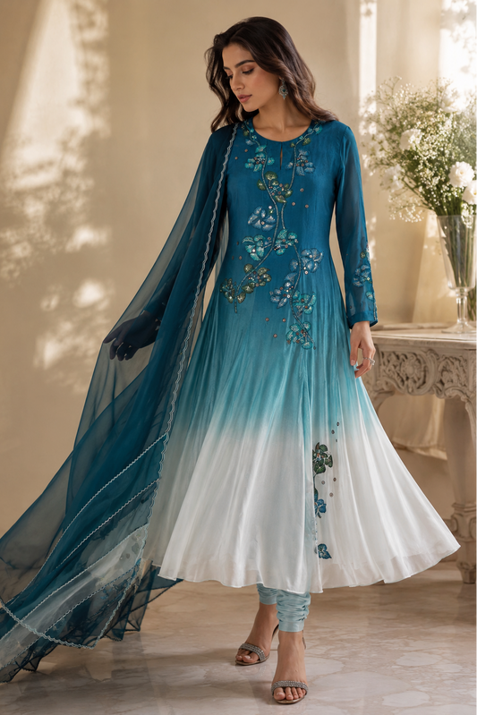 Ombré Chiffon Anarkali - TURQUOISE