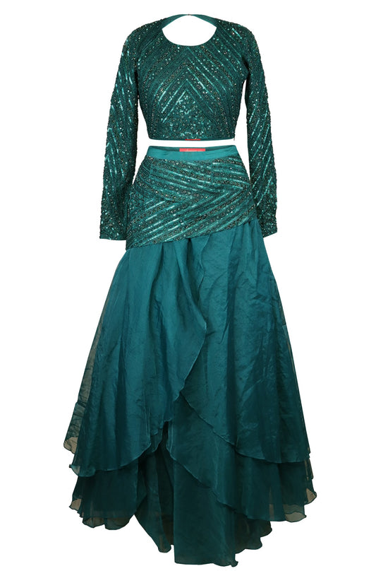 Turquoise Crop Top With Organza Skirt