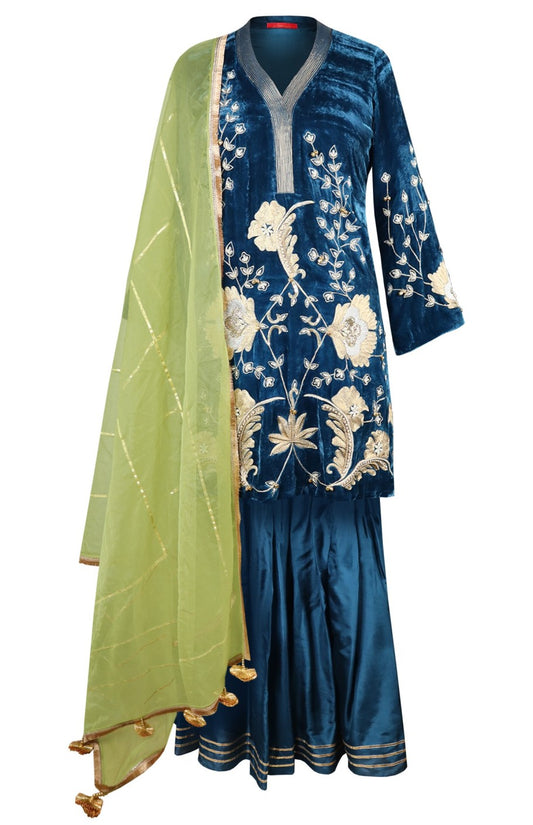 Velvet Short Shirt Gharara Suit - TURQUOISE