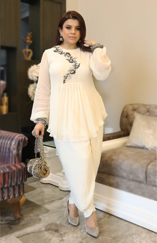 Short Shirt With Tulip Salwar - IVORY