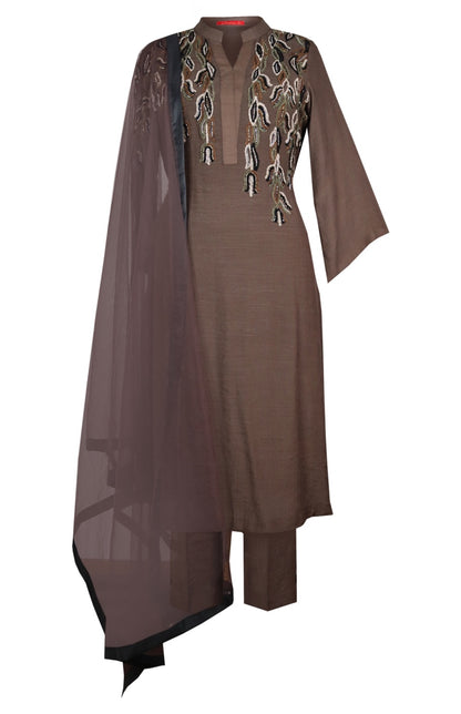 Wavy Lines Kurta Set - BROWN