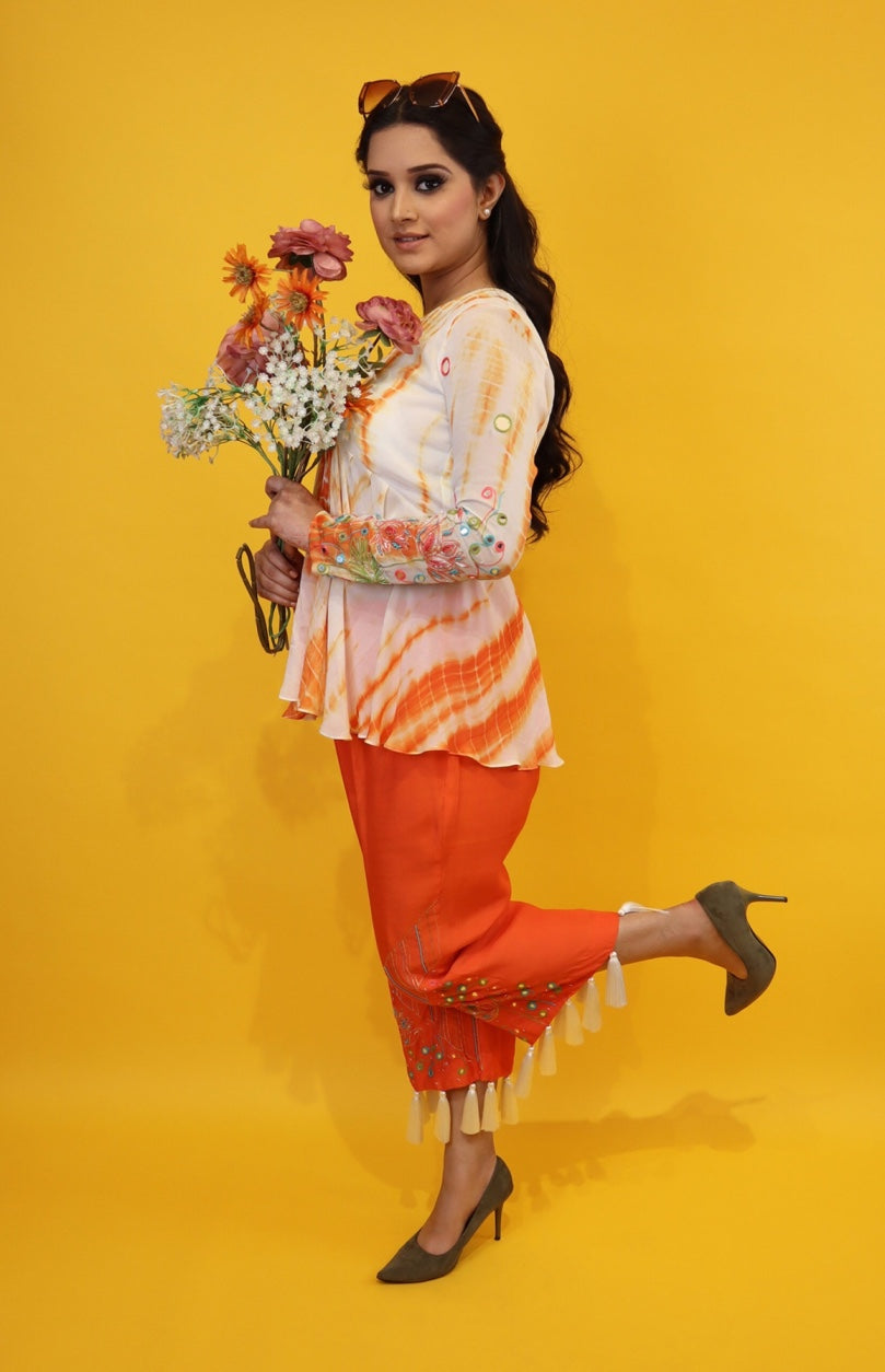 White And Orange Peplum Co-ord Set