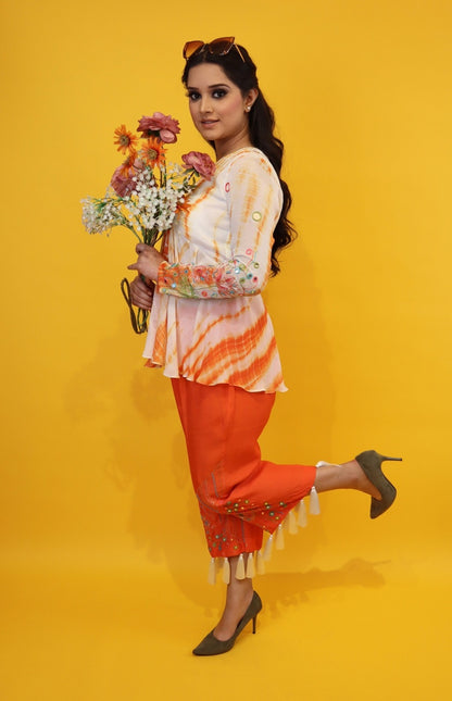 White And Orange Peplum Co-ord Set