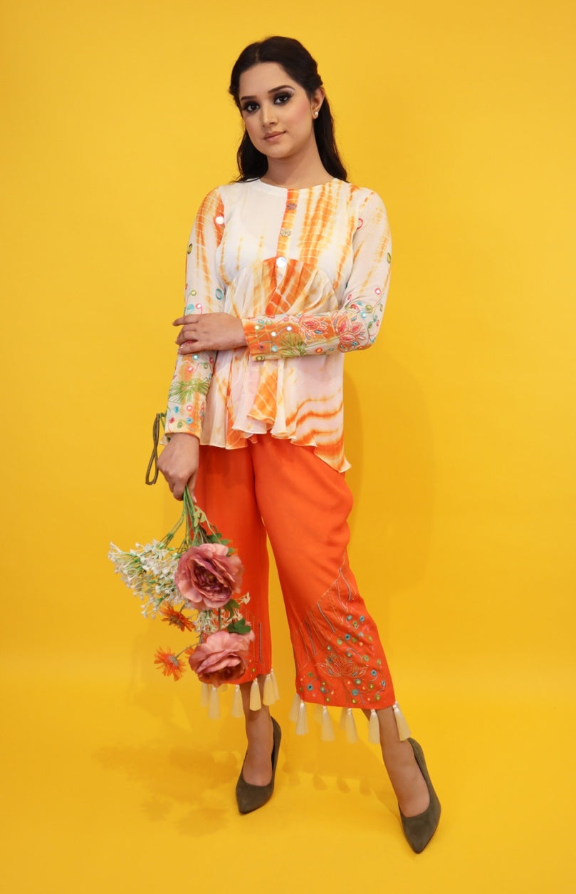 White And Orange Peplum Co-ord Set