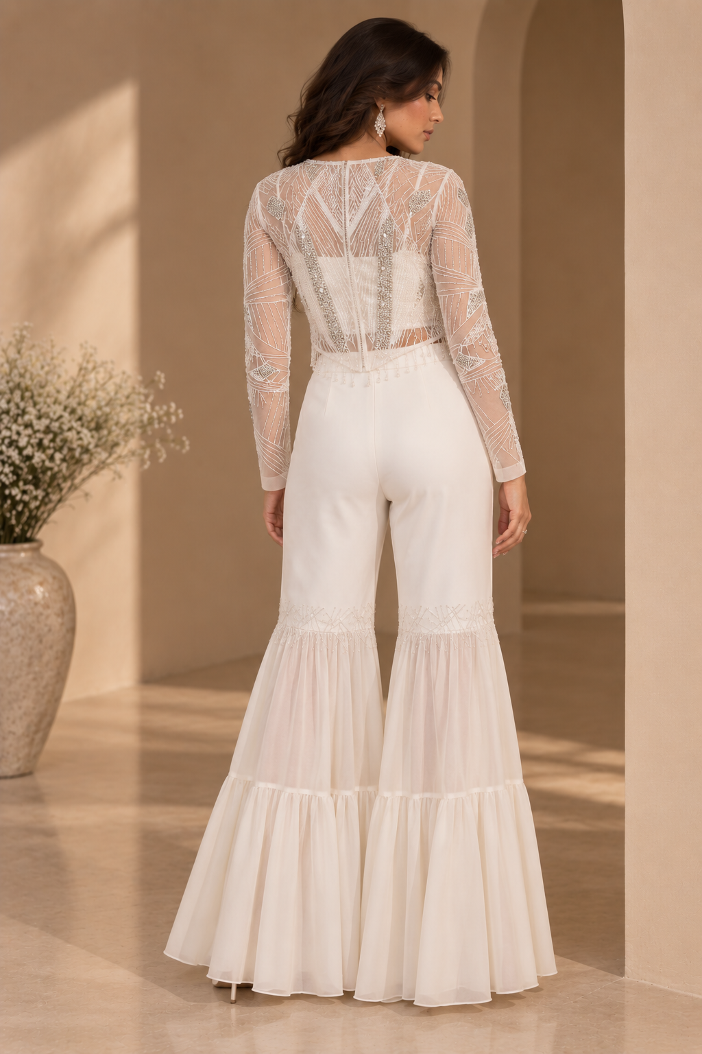 Tulle Embroidered Jacket With Tiered Pants - WHITE