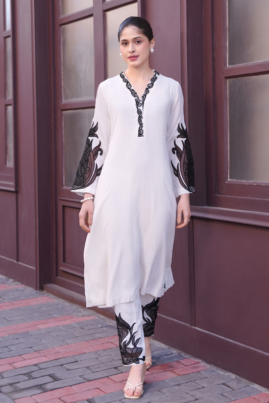 Appliqué Embroidery Kurta Set - WHITE