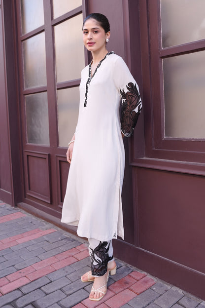 Appliqué Embroidery Kurta Set - WHITE