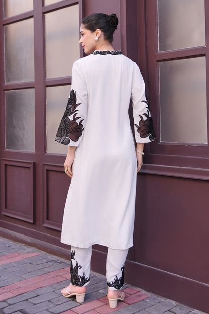 Appliqué Embroidery Kurta Set - WHITE