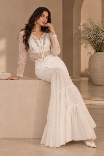 Tulle Embroidered Jacket With Tiered Pants - WHITE