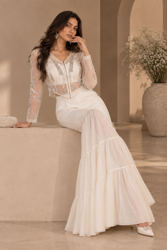 Tulle Embroidered Jacket With Tiered Pants - WHITE
