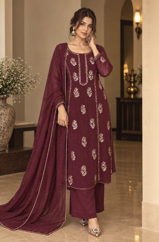 Georgette Suit With Mukaish Bootas - WINE