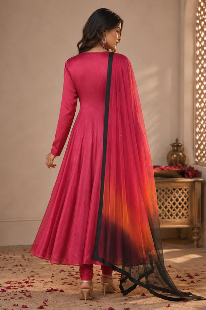 Chiffon Anarkali With Ombré Dupatta - WINE
