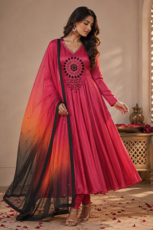 Chiffon Anarkali With Ombré Dupatta - WINE