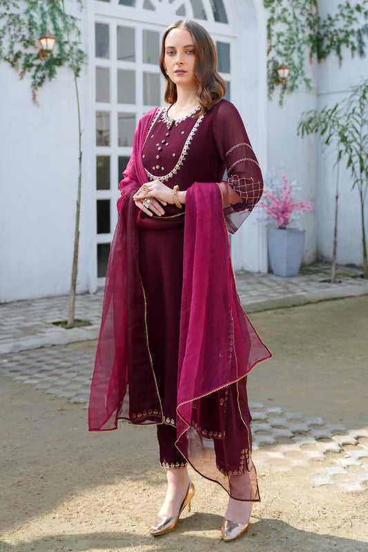 Georgette Suit With Gota Patti Embroidery - WINE