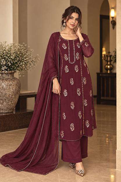Georgette Suit With Mukaish Bootas - WINE