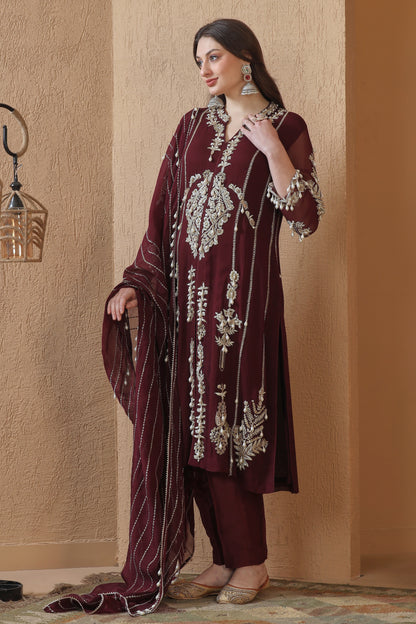 Georgette Suit With Tilla Embroidery - WINE