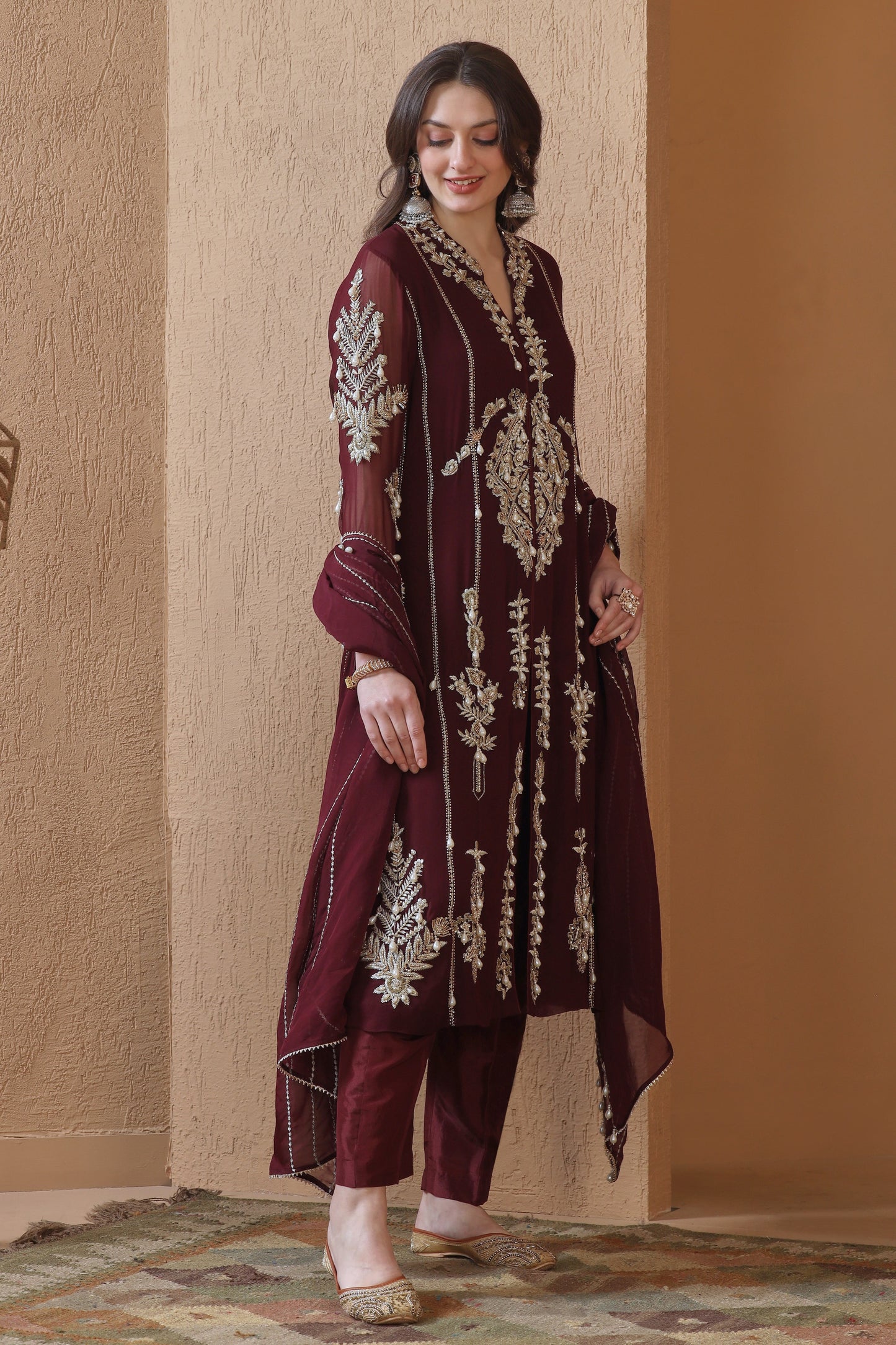 Georgette Suit With Tilla Embroidery - WINE
