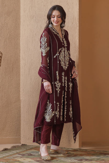 Georgette Suit With Tilla Embroidery - WINE
