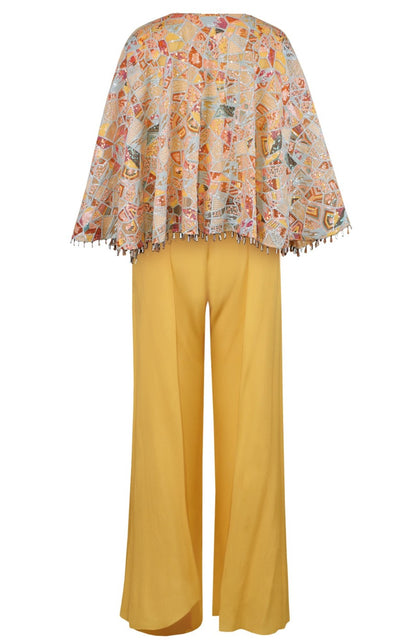 Yellow Co-ord Set With Embroidered Cape