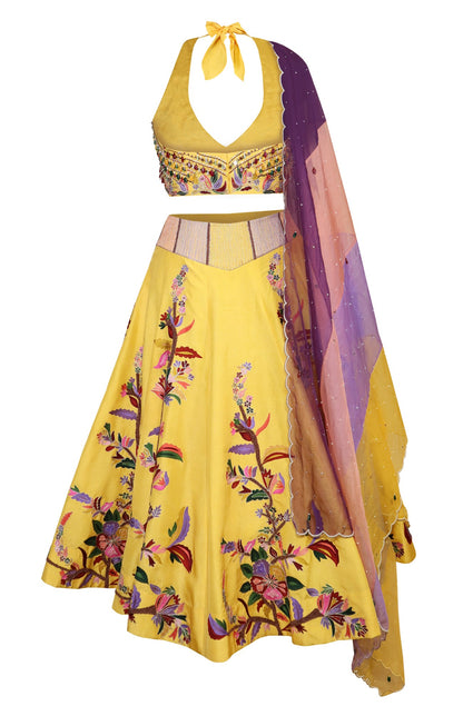 Yellow Multicoloured Embroidery Lehnga