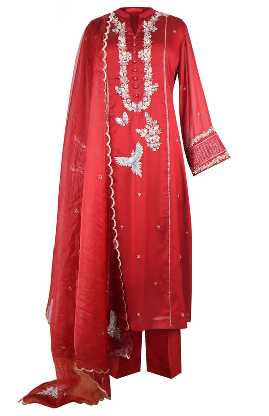 Zardozi Birds Silk Suit - RED