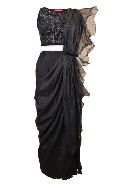Black Draped Sharara Saree
