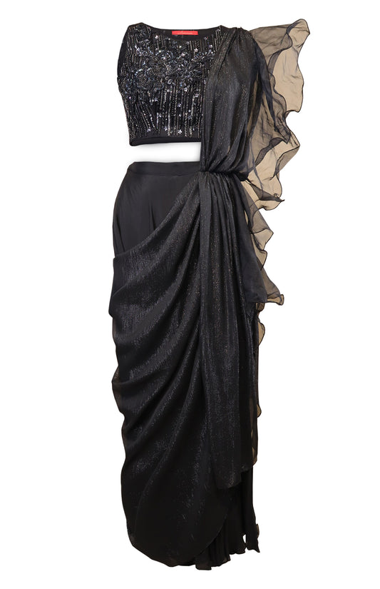 Black Draped Sharara Saree