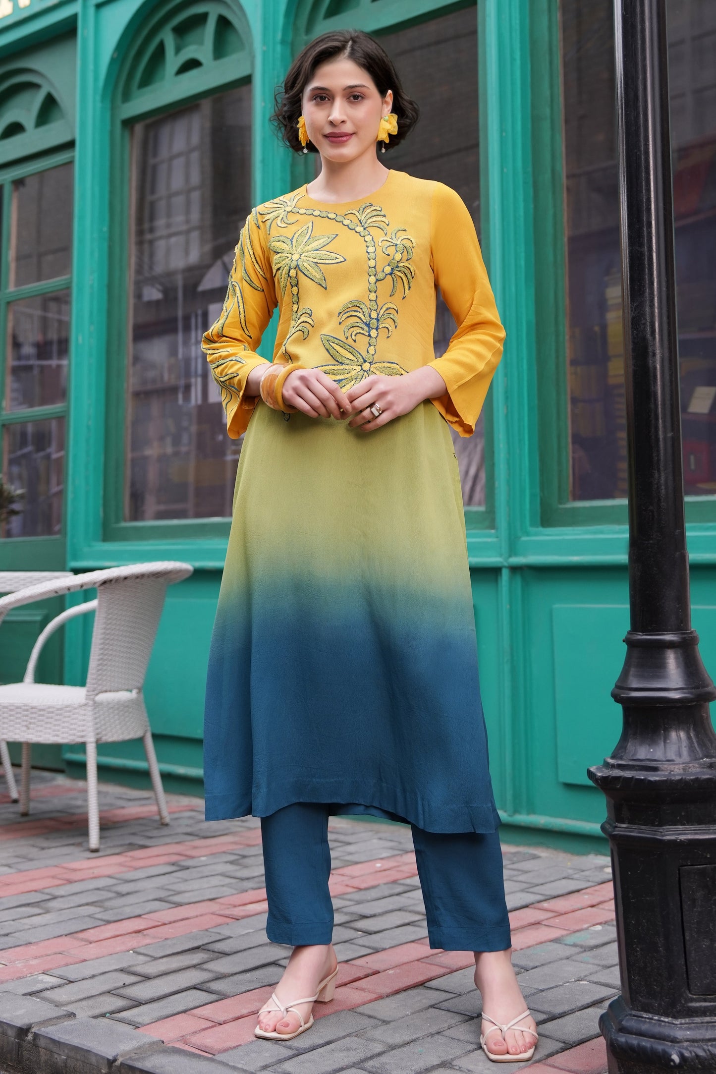 Aari Palms Ombre' Kurta Set - LAGOON